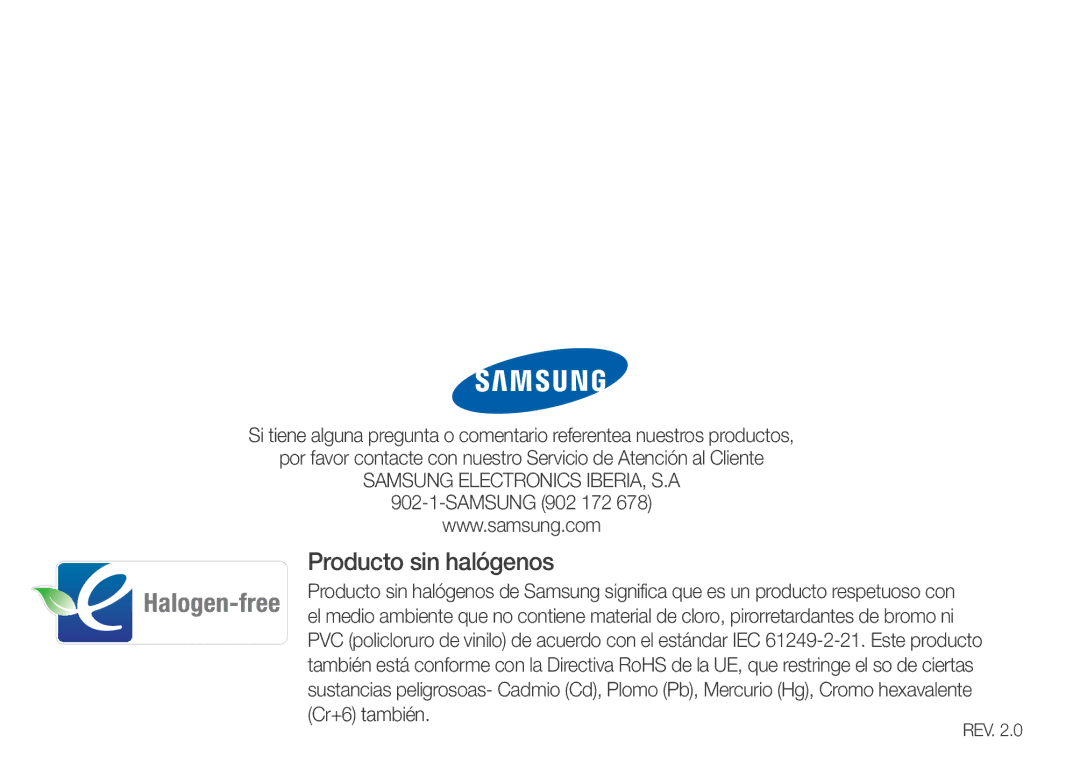 Samsung YP-Z3CW/FOP, YP-Z3CL/FOP, YP-Z3CP/FOP, YP-Z3AW/FOP, YP-Z3AP/FOP, YP-Z3AL/FOP manual Producto sin halógenos 