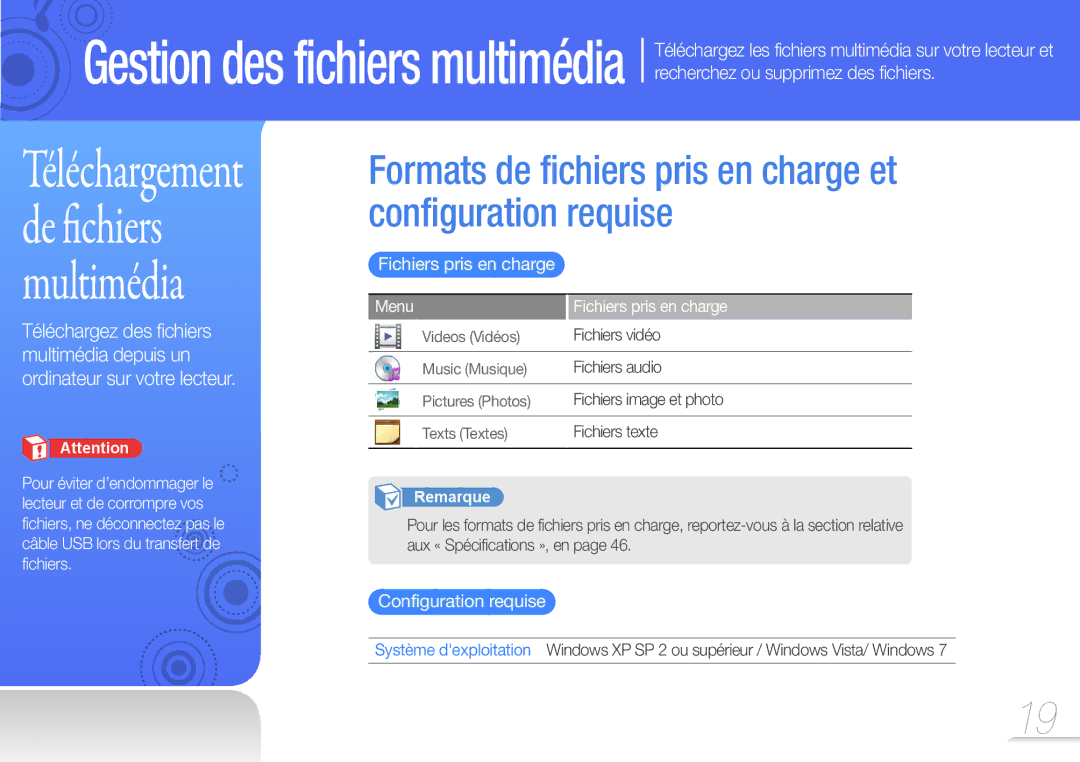 Samsung YP-Z3CW/XEF, YP-Z3CL/XEF, YP-Z3CP/XEF, YP-Z3AW/XEF manual Configuration requise, Menu Fichiers pris en charge 