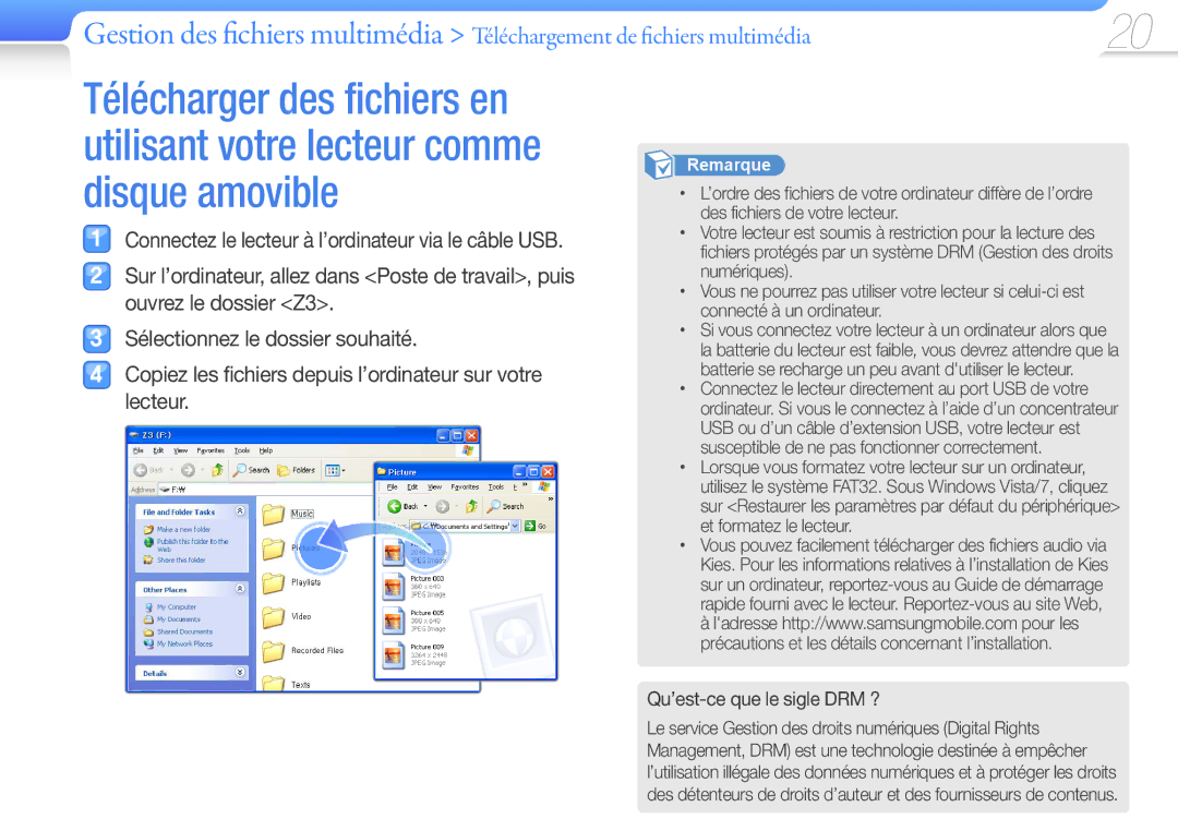 Samsung YP-Z3CP/XEF, YP-Z3CL/XEF, YP-Z3CW/XEF, YP-Z3AW/XEF, YP-Z3AP/XEF, YP-Z3AL/XEF manual Qu’est-ce que le sigle DRM ? 