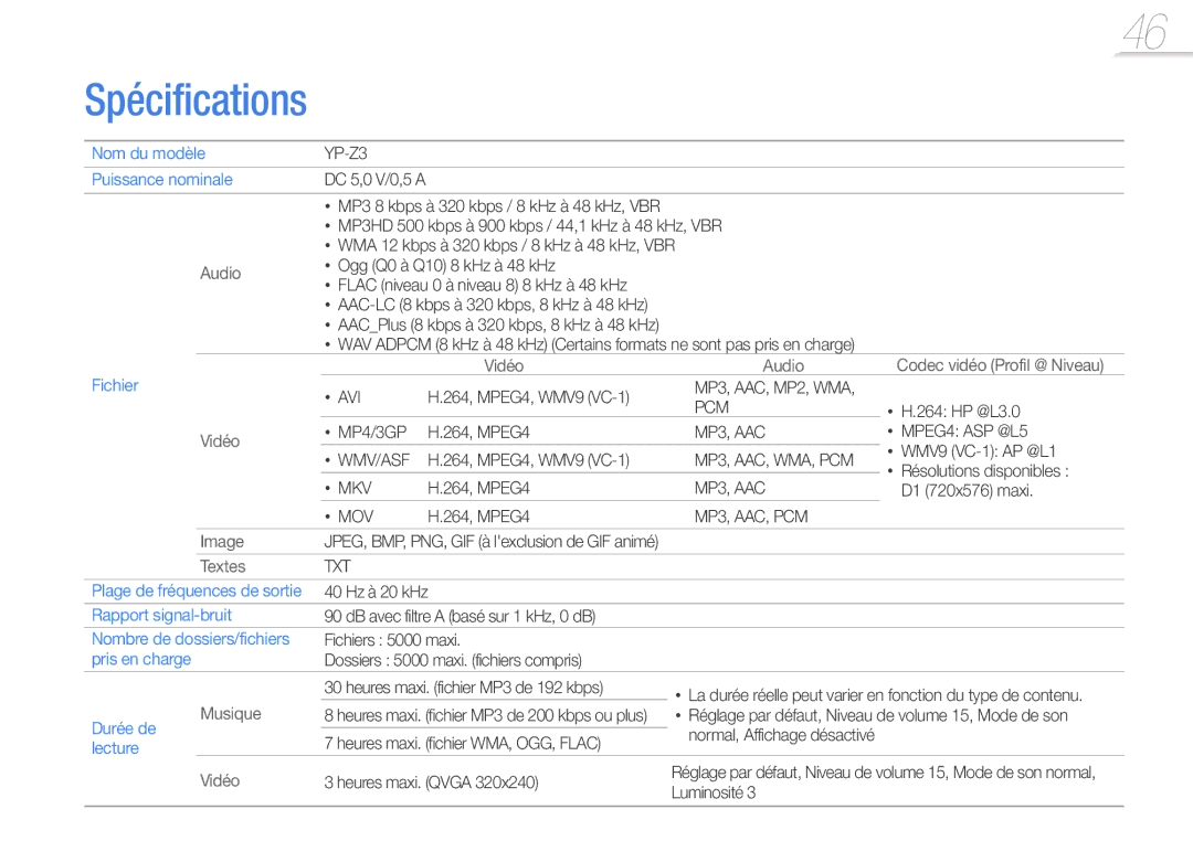 Samsung YP-Z3AP/XEF, YP-Z3CL/XEF, YP-Z3CW/XEF, YP-Z3CP/XEF, YP-Z3AW/XEF, YP-Z3AL/XEF manual Spécifications, Puissance nominale 