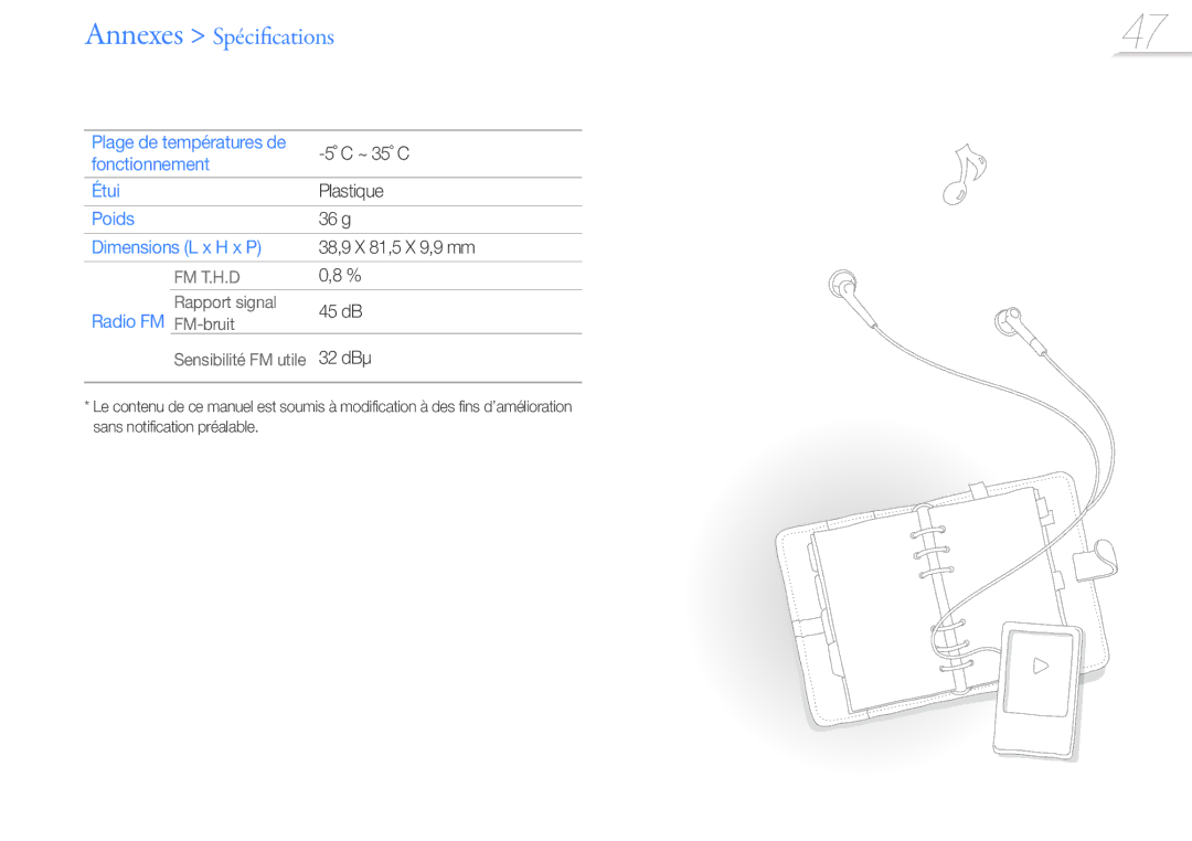 Samsung YP-Z3AL/XEF, YP-Z3CL/XEF, YP-Z3CW/XEF manual Fonctionnement Étui, Poids, Dimensions L x H x P, Radio FM FM-bruit 