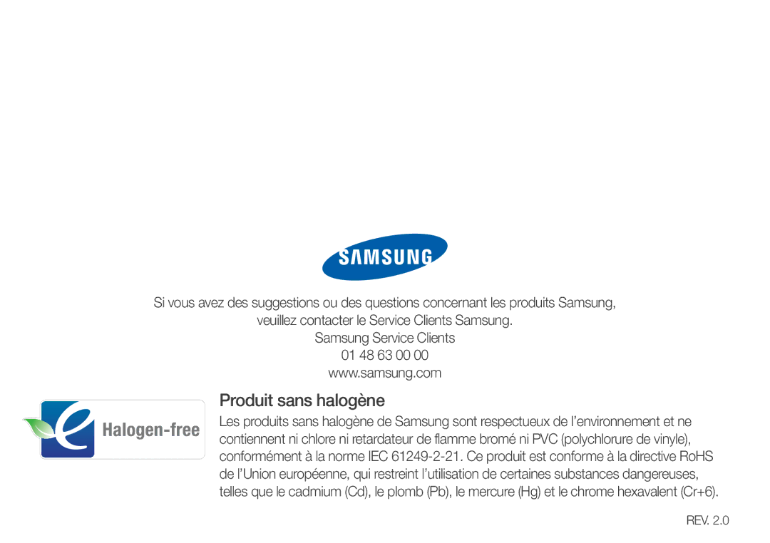 Samsung YP-Z3CP/XEF, YP-Z3CL/XEF, YP-Z3CW/XEF, YP-Z3AW/XEF, YP-Z3AP/XEF, YP-Z3AL/XEF manual Produit sans halogène, Rev 