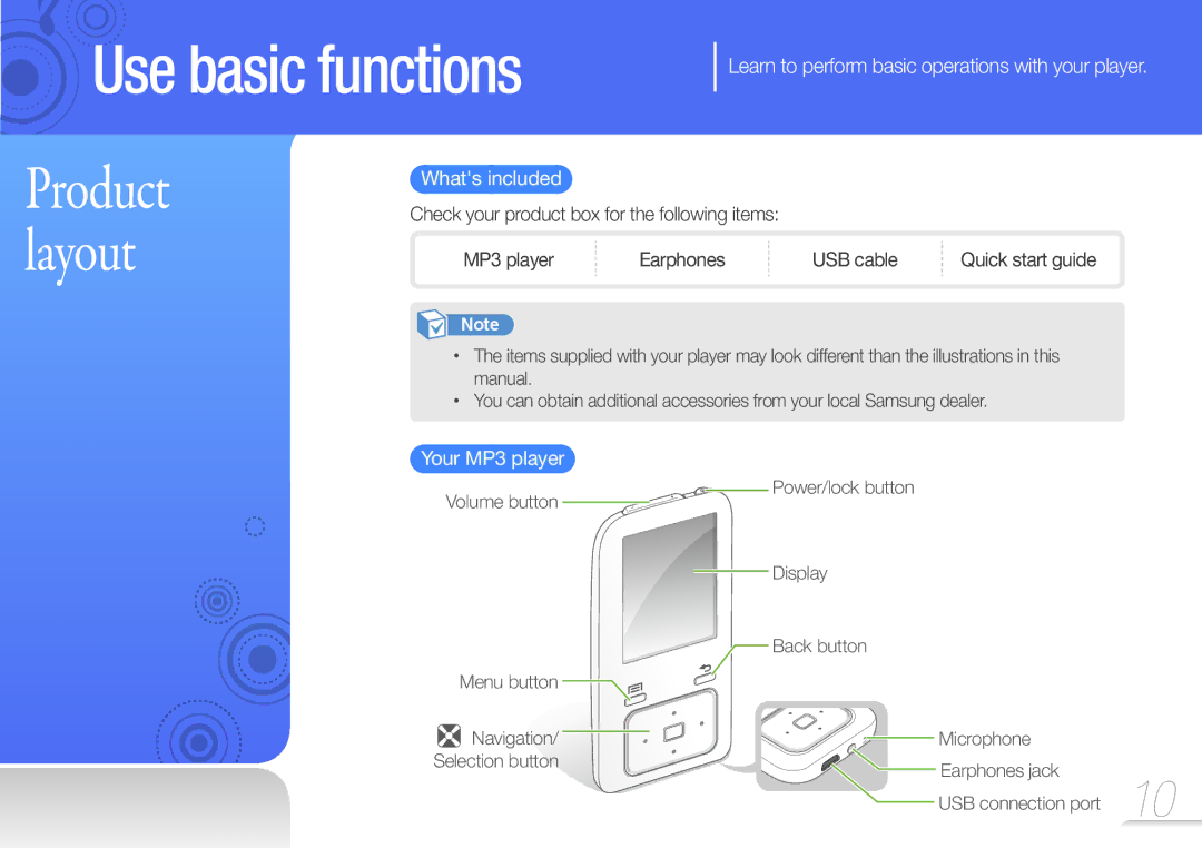 Samsung YP-Z3CP/FOP Learn to perform basic operations with your player, Whats included, Quick start guide, Your MP3 player 