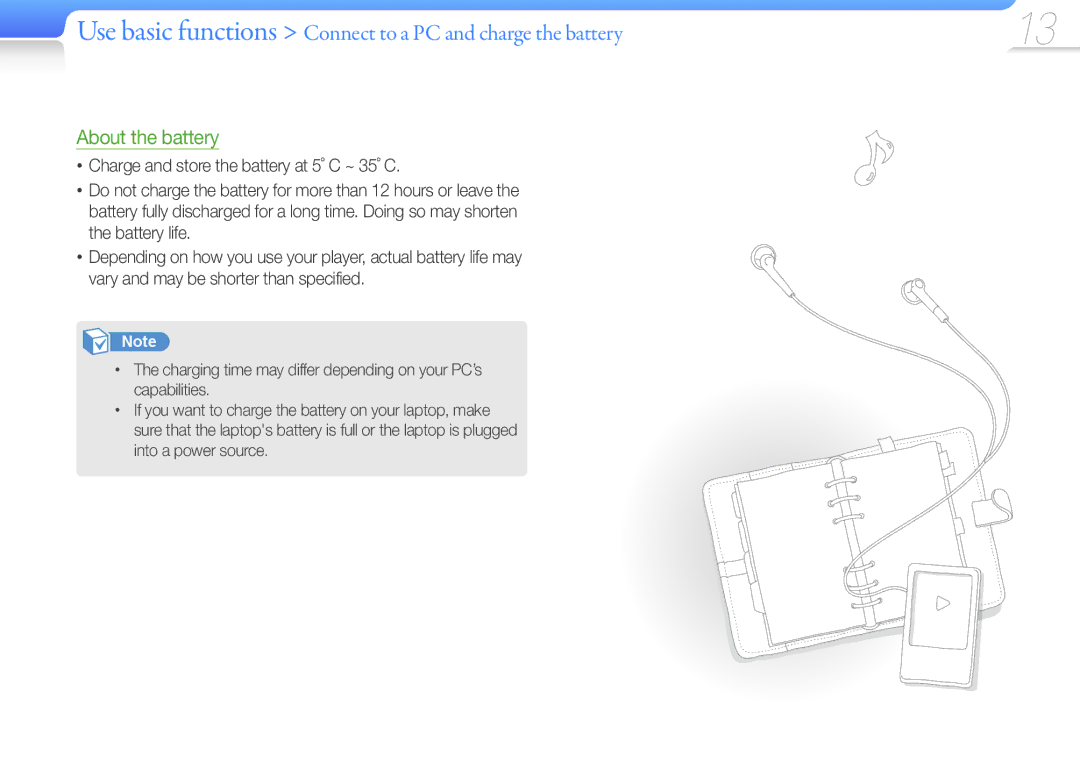 Samsung YP-Z3AP/FOP, YP-Z3CL/XEF, YP-Z3CW/XEF, YP-Z3CP/XEF manual Use basic functions Connect to a PC and charge the battery 