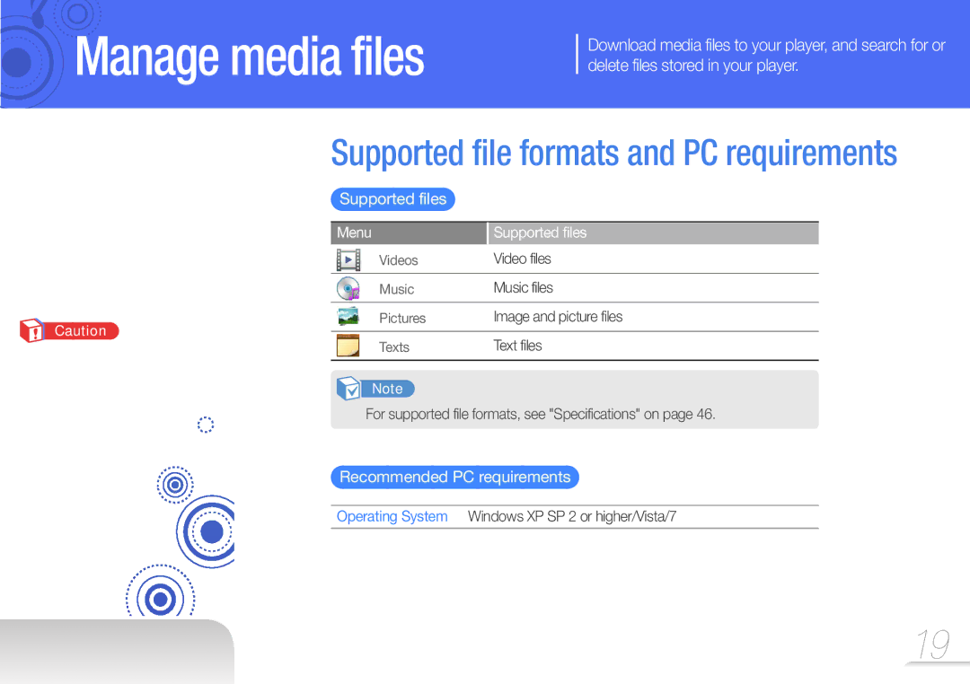 Samsung YP-Z3AW/XEF manual Download media files from a PC to your player, Supported files, Recommended PC requirements 