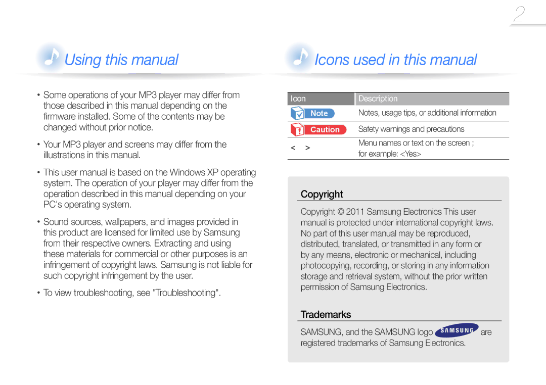 Samsung YP-Z3CP/XEF, YP-Z3CL/XEF, YP-Z3CW/XEF, YP-Z3AW/XEF To view troubleshooting, see Troubleshooting, Icon Description 