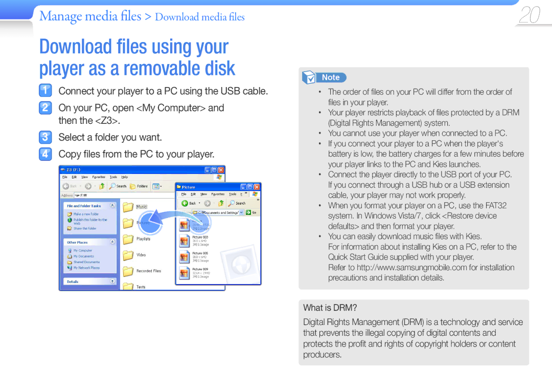 Samsung YP-Z3AP/XEF manual Download files using your player as a removable disk, Manage media files Download media files 