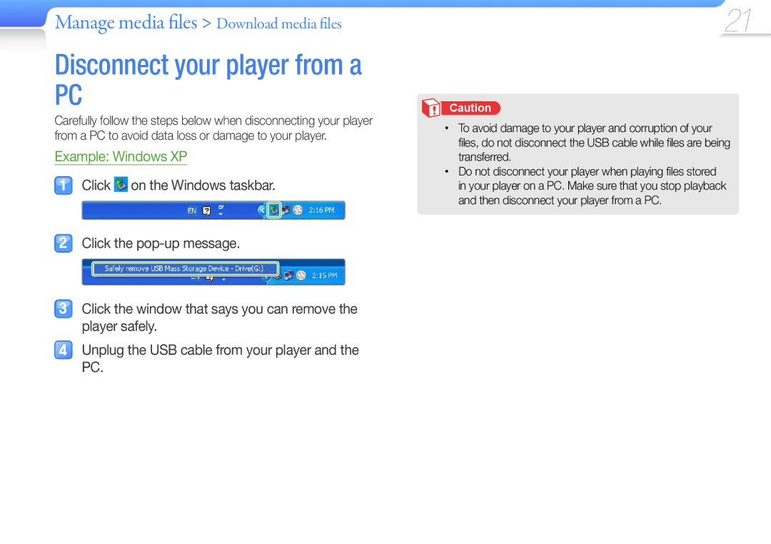 Samsung YP-Z3AL/XEF, YP-Z3CL/XEF, YP-Z3CW/XEF, YP-Z3CP/XEF, YP-Z3AW/XEF Disconnect your player from a, Example Windows XP 