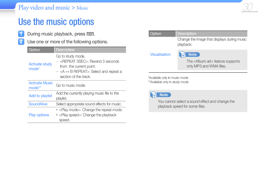 Samsung YP-Z3AL/FOP, YP-Z3CL/XEF, YP-Z3CW/XEF, YP-Z3CP/XEF manual Option, Visualisation, Activate Music, Mode Add to playlist 