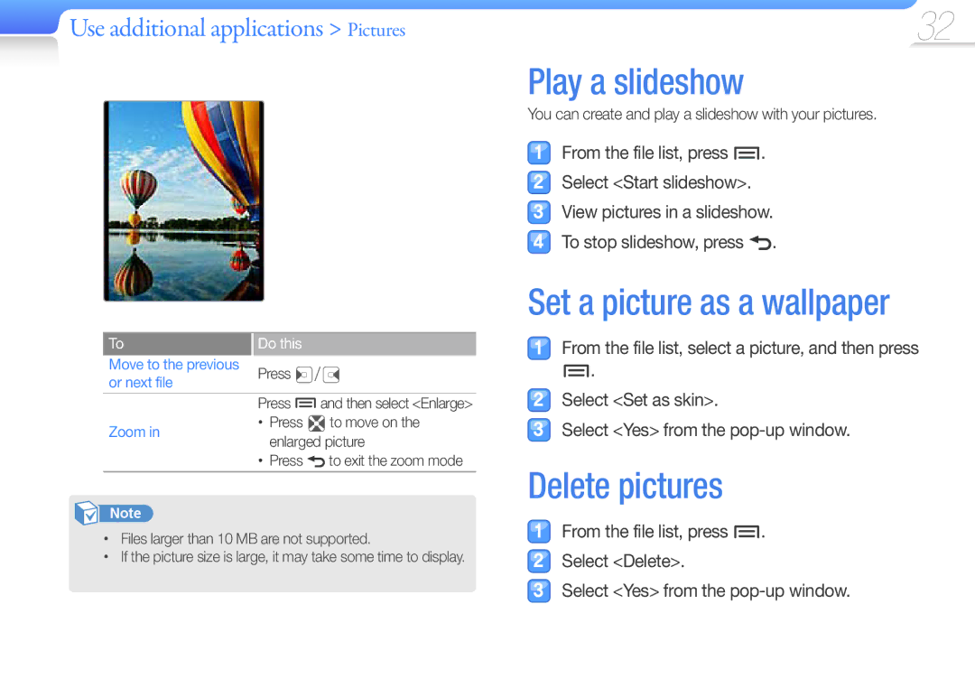 Samsung YP-Z3CL/XEF, YP-Z3CW/XEF, YP-Z3CP/XEF manual Play a slideshow, Delete pictures, Use additional applications Pictures 