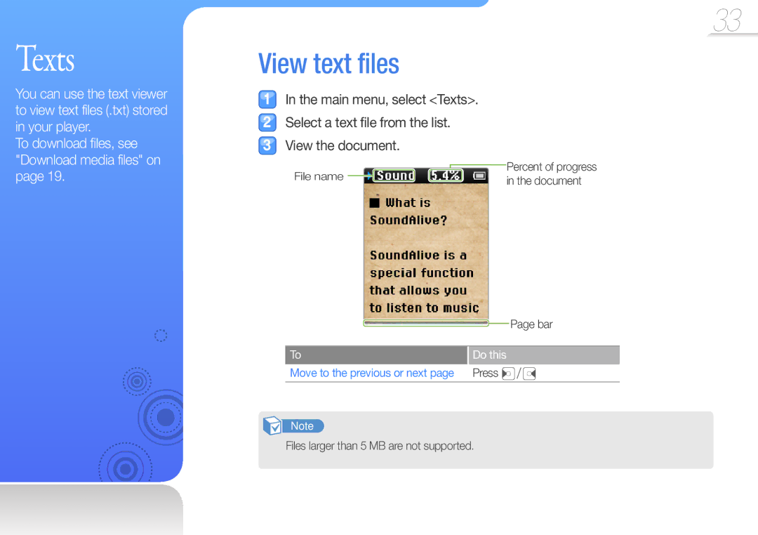 Samsung YP-Z3CW/XEF, YP-Z3CL/XEF, YP-Z3CP/XEF, YP-Z3AW/XEF, YP-Z3AP/XEF, YP-Z3AL/XEF, YP-Z3AL/XET manual Texts, View text files 