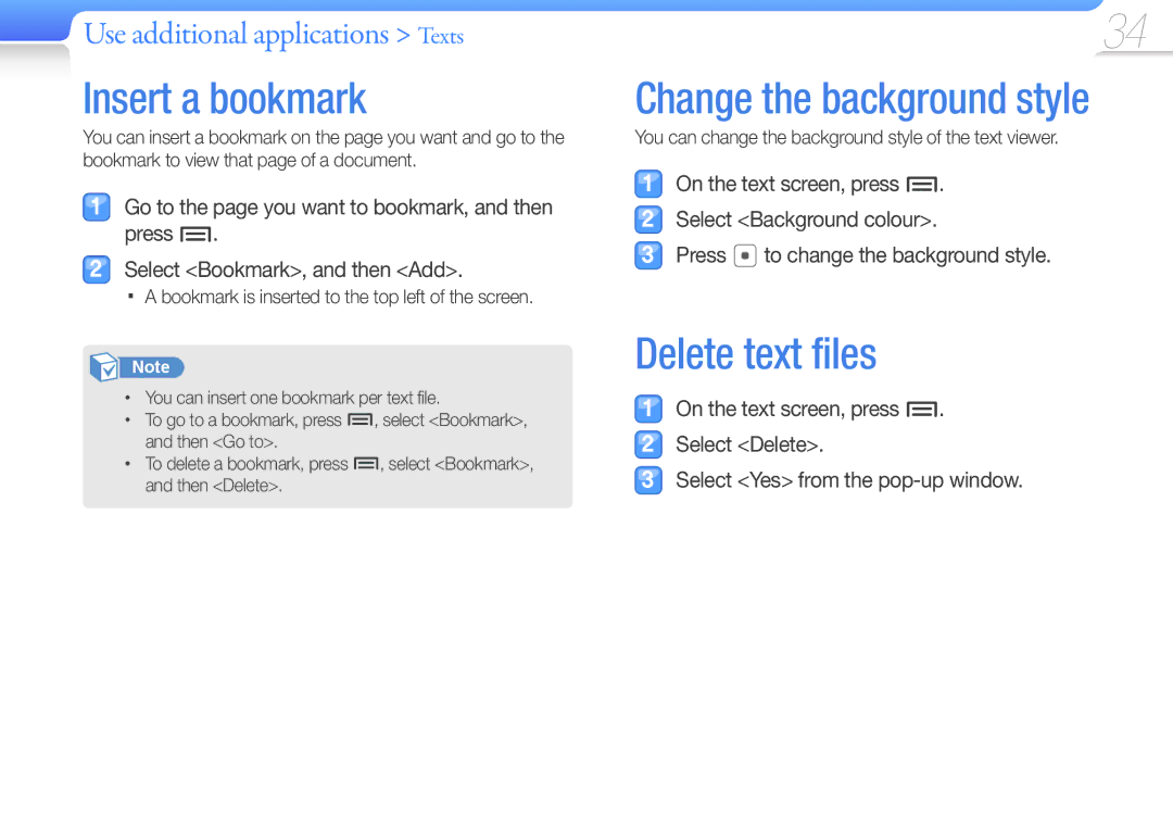 Samsung YP-Z3CP/XEF, YP-Z3CL/XEF, YP-Z3CW/XEF manual Insert a bookmark, Delete text files, Use additional applications Texts 