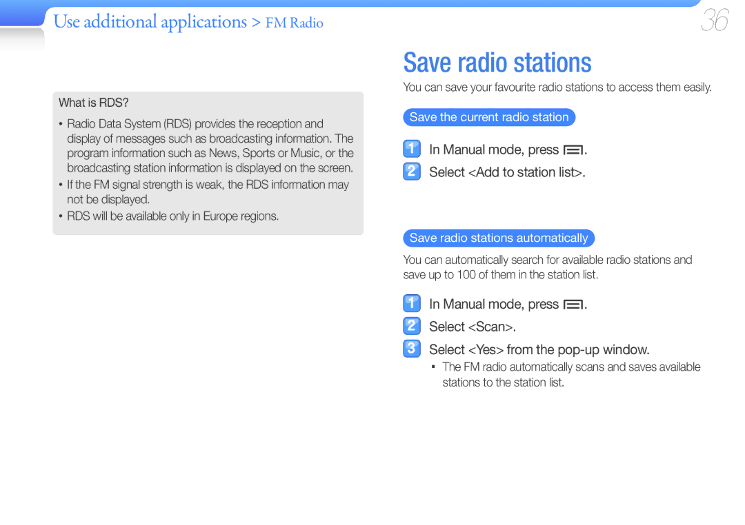 Samsung YP-Z3AP/XEF, YP-Z3CL/XEF Save radio stations, Use additional applications FM Radio, Save the current radio station 