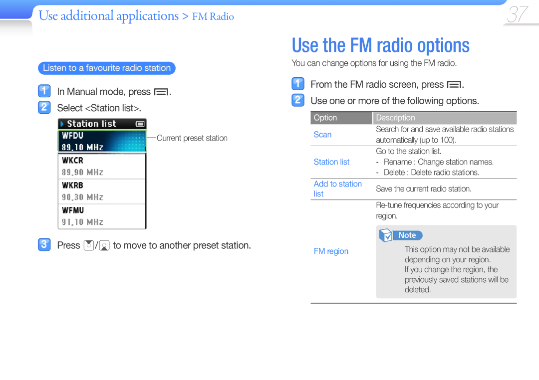 Samsung YP-Z3AL/XEF Use the FM radio options, Manual mode, press Select Station list, Listen to a favourite radio station 