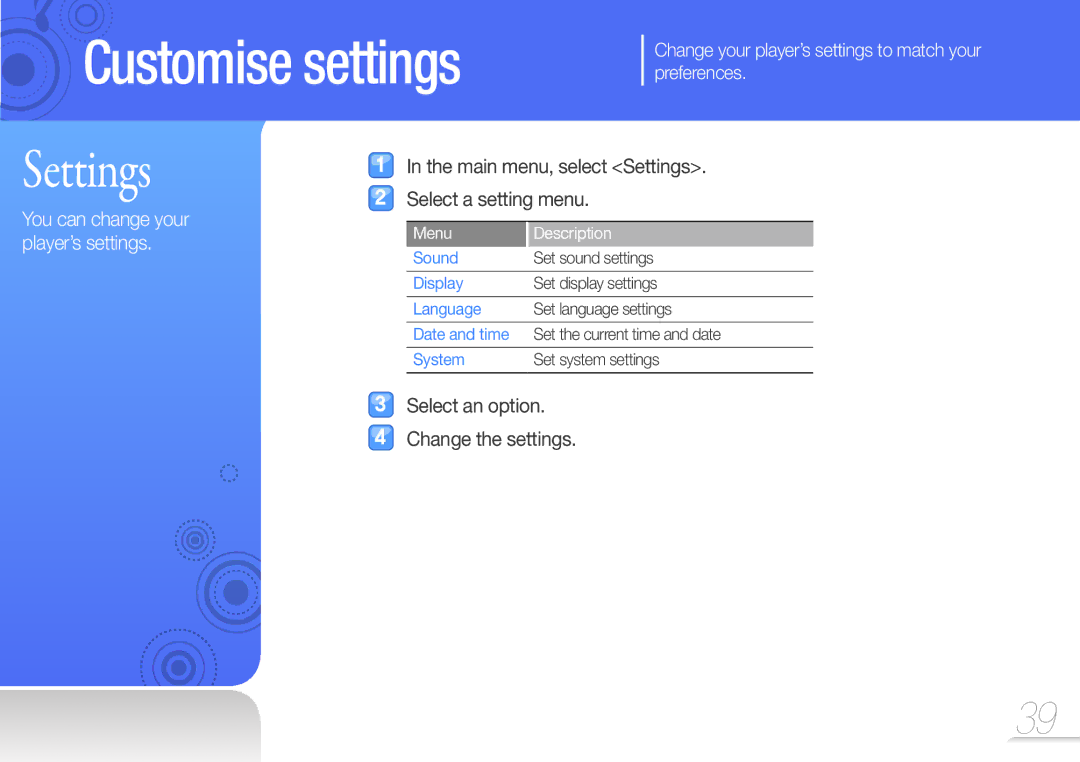 Samsung YP-Z3AW/XET manual Main menu, select Settings Select a setting menu, Select an option Change the settings 