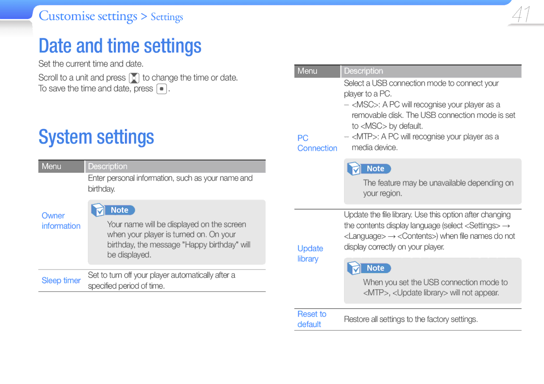 Samsung YP-Z3CL/FOP, YP-Z3CL/XEF, YP-Z3CW/XEF, YP-Z3CP/XEF, YP-Z3AW/XEF, YP-Z3AP/XEF Date and time settings, System settings 