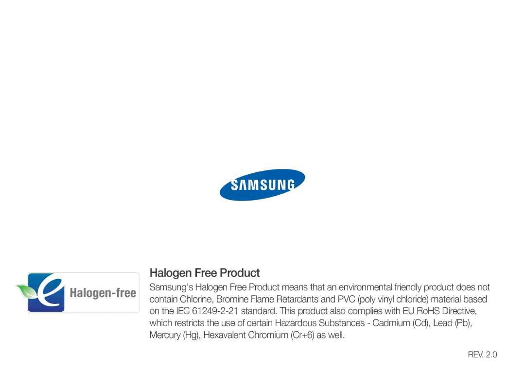 Samsung YP-Z3AP/XEF, YP-Z3CL/XEF, YP-Z3CW/XEF, YP-Z3CP/XEF, YP-Z3AW/XEF, YP-Z3AL/XEF, YP-Z3AL/XET manual Halogen Free Product 