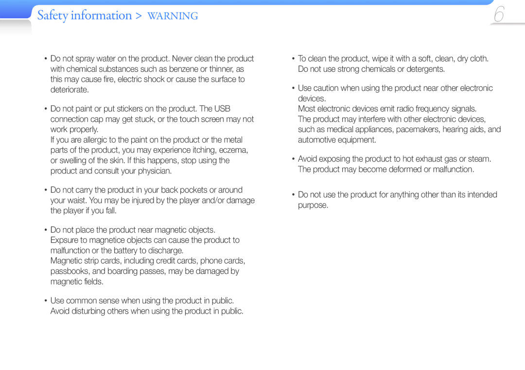 Samsung YP-Z3AL/XET, YP-Z3CL/XEF, YP-Z3CW/XEF, YP-Z3CP/XEF, YP-Z3AW/XEF, YP-Z3AP/XEF, YP-Z3AL/XEF Safety information Warning 