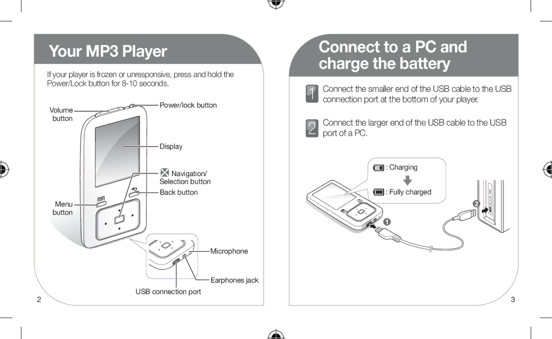 Samsung YP-Z3CP/XEF, YP-Z3CL/XEF, YP-Z3CW/XEF, YP-Z3AW/XEF manual Your MP3 Player, Connect to a PC and charge the battery 