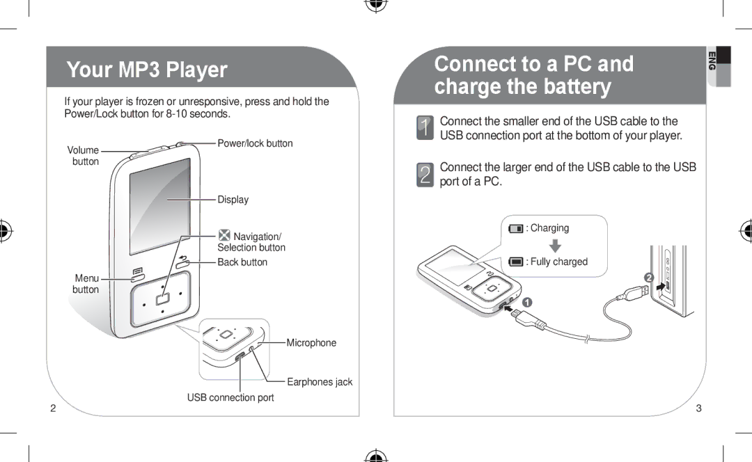 Samsung YP-Z3CP/XEF, YP-Z3CL/XEF, YP-Z3CW/XEF, YP-Z3AW/XEF, YP-Z3AP/XEF Your MP3 Player, Connect to a PC, Charge the battery 