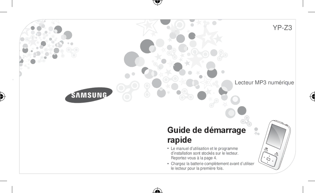 Samsung YP-Z3AL/XEF, YP-Z3CL/XEF, YP-Z3CW/XEF, YP-Z3CP/XEF, YP-Z3AW/XEF, YP-Z3AP/XEF, YP-Z3AL/XET Guide de démarrage rapide 