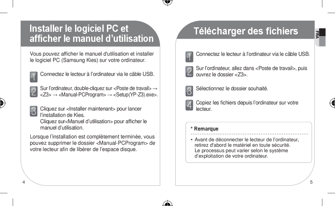 Samsung YP-Z3AW/XET, YP-Z3CL/XEF manual Installer le logiciel PC et Afﬁcher le manuel d’utilisation, Télécharger des ﬁchiers 