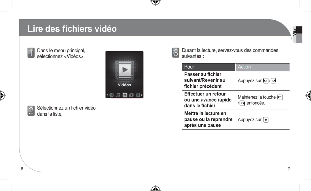 Samsung YP-Z3AP/XET, YP-Z3CL/XEF, YP-Z3CW/XEF, YP-Z3CP/XEF, YP-Z3AW/XEF, YP-Z3AP/XEF manual Lire des ﬁchiers vidéo, Pour Action 