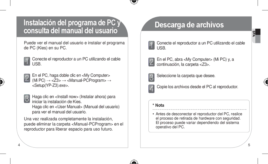 Samsung YP-Z3CW/FOP, YP-Z3CL/XEF, YP-Z3CW/XEF, YP-Z3CP/XEF, YP-Z3AW/XEF, YP-Z3AP/XEF, YP-Z3AL/XEF Descarga de archivos, Nota 