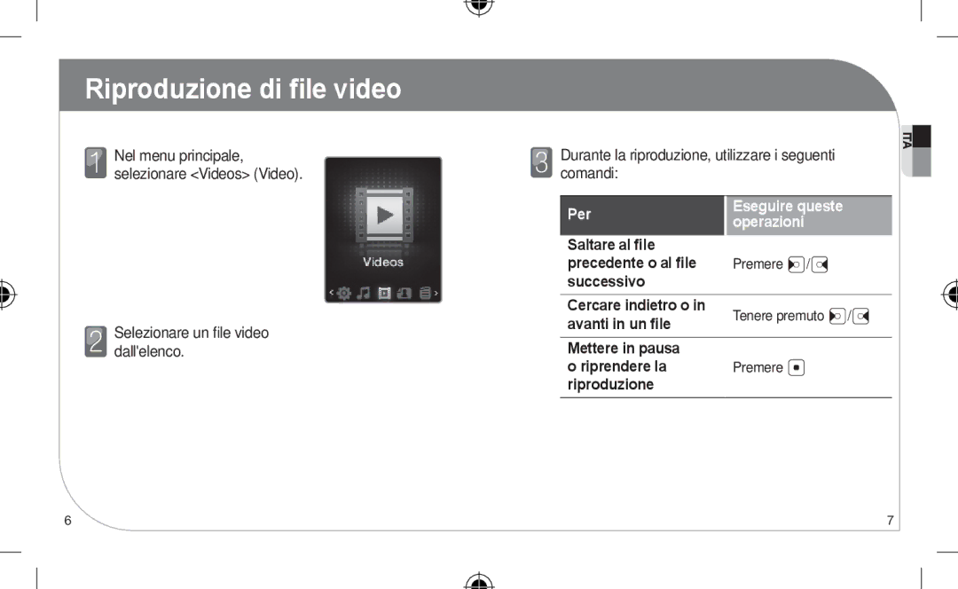 Samsung YP-Z3CW/XEF, YP-Z3CL/XEF, YP-Z3CP/XEF, YP-Z3AW/XEF manual Riproduzione di ﬁle video, Per Eseguire queste Operazioni 