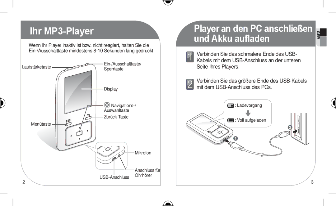 Samsung YP-Z3AL/XET, YP-Z3CL/XEF, YP-Z3CW/XEF, YP-Z3CP/XEF, YP-Z3AW/XEF, YP-Z3AP/XEF manual Ihr MP3-Player, Und Akku auﬂaden 