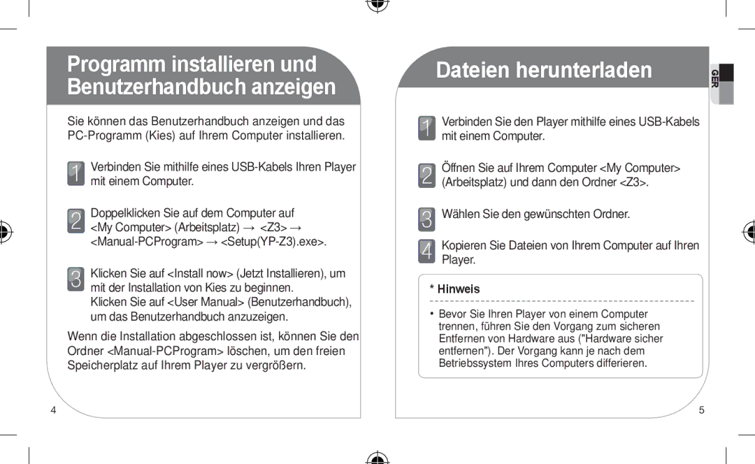 Samsung YP-Z3AW/XET, YP-Z3CL/XEF, YP-Z3CW/XEF Dateien herunterladen, Programm installieren und Benutzerhandbuch anzeigen 