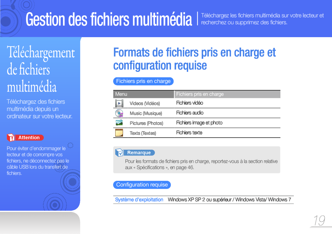 Samsung YP-Z3CW/XEF Gestion des fichiers multimédia, Formats de fichiers pris en charge et configuration requise, Menu 