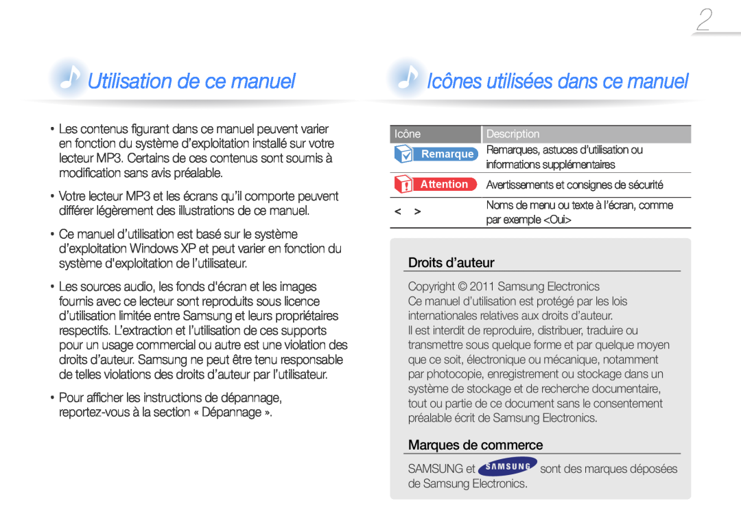 Samsung YP-Z3CP/XEF manual Utilisation de ce manuel, Icônes utilisées dans ce manuel, Droits d’auteur, Marques de commerce 