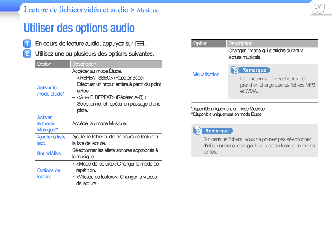 Samsung YP-Z3CL/XEF En cours de lecture audio, appuyez sur, Utilisez une ou plusieurs des options suivantes, Option, piste 