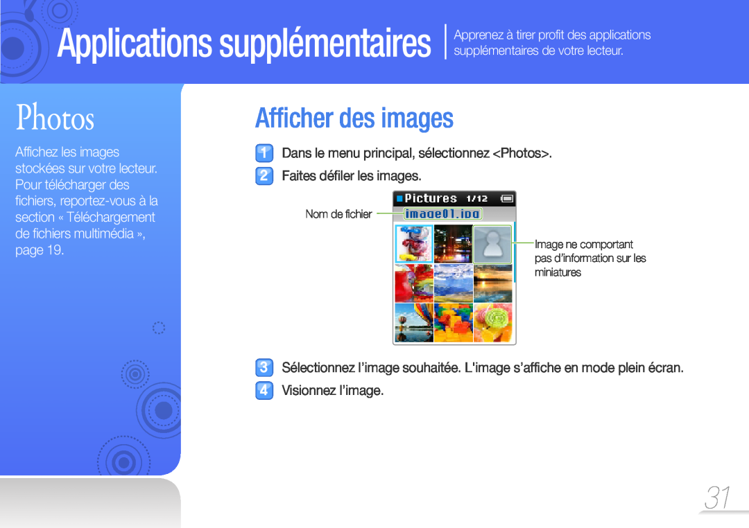 Samsung YP-Z3CW/XEF manual Afficher des images, Dans le menu principal, sélectionnez Photos Faites défiler les images 