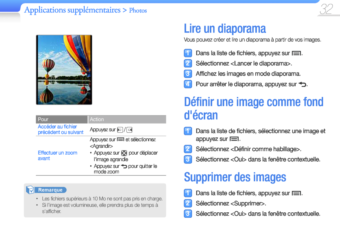 Samsung YP-Z3CP/XEF Lire un diaporama, Définir une image comme fond décran, Supprimer des images, Pour, Action, Agrandir 