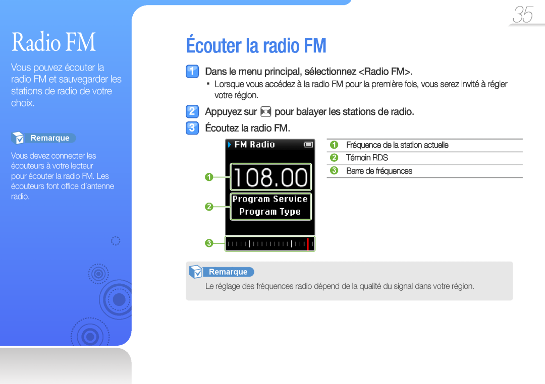 Samsung YP-Z3AL/XEF manual Écouter la radio FM, Dans le menu principal, sélectionnez Radio FM, Témoin RDS, Remarque 