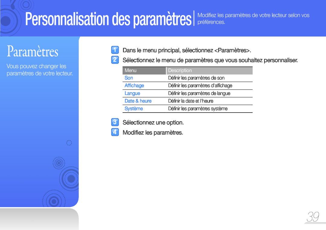 Samsung YP-Z3AW/XEF manual Personnalisation des paramètres, Dans le menu principal, sélectionnez Paramètres, Menu 