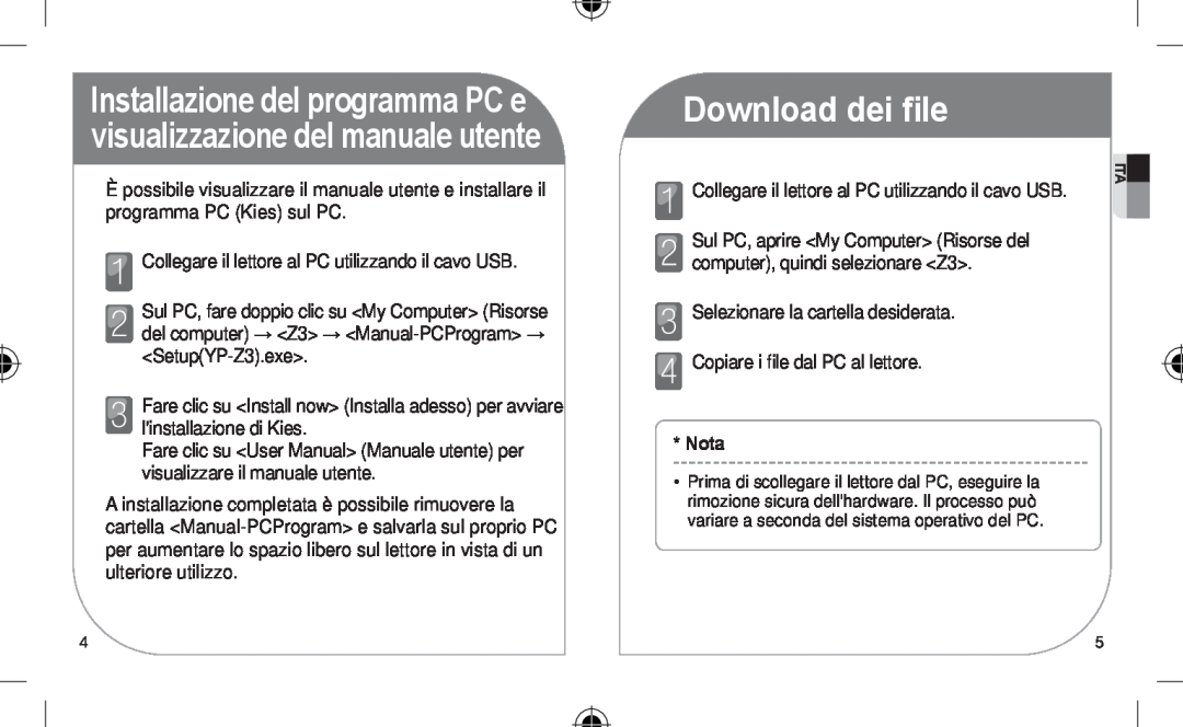 Samsung YP-Z3CL/XEF Download dei ﬁle, Installazione del programma PC e visualizzazione del manuale utente, Nota 