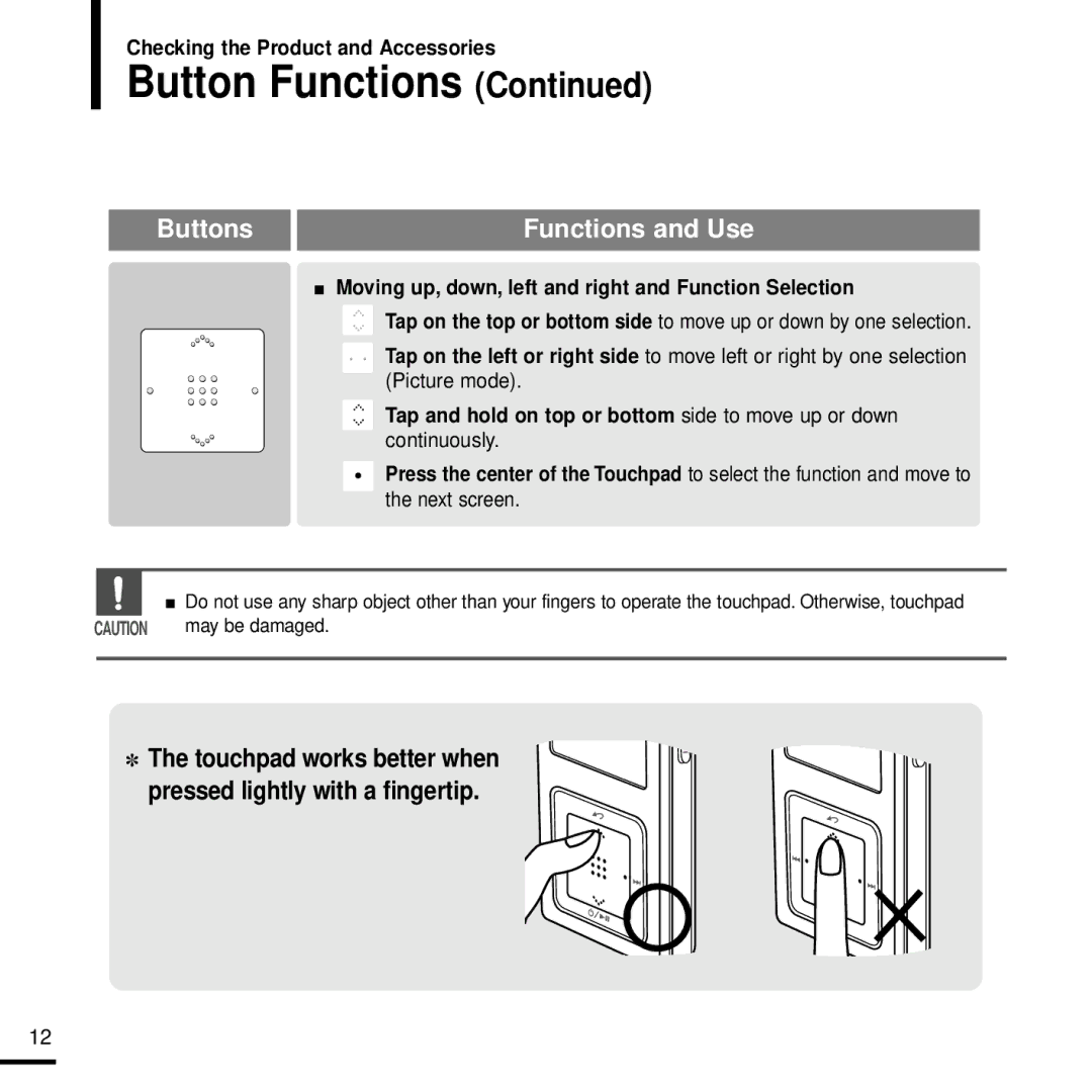 Samsung YP-Z5 manual Moving up, down, left and right and Function Selection, Picture mode, Continuously, Screen 