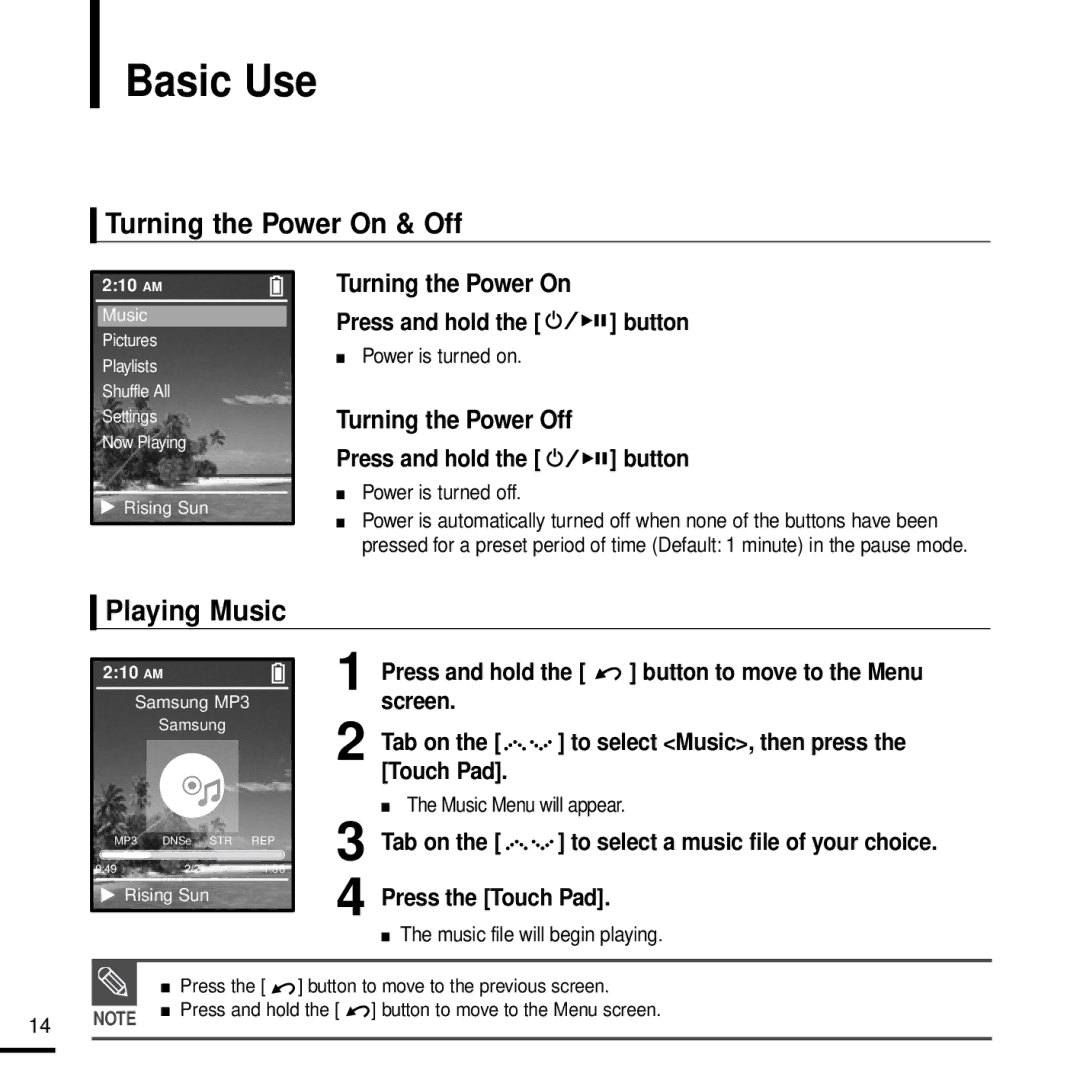 Samsung YP-Z5 manual Basic Use, Turning the Power On & Off, Playing Music, Press and hold, Screen Tab on 