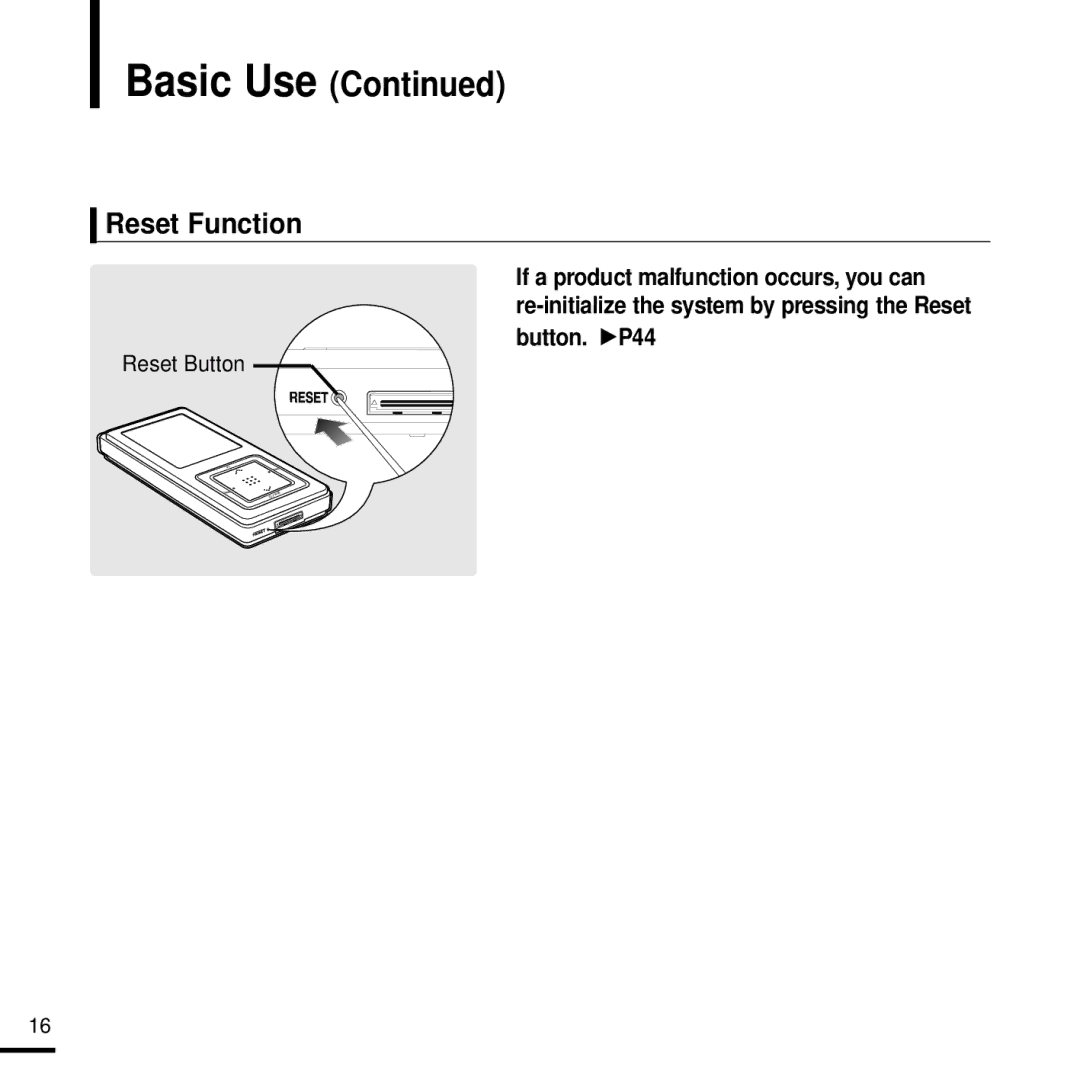 Samsung YP-Z5 manual Basic Use, Reset Function 