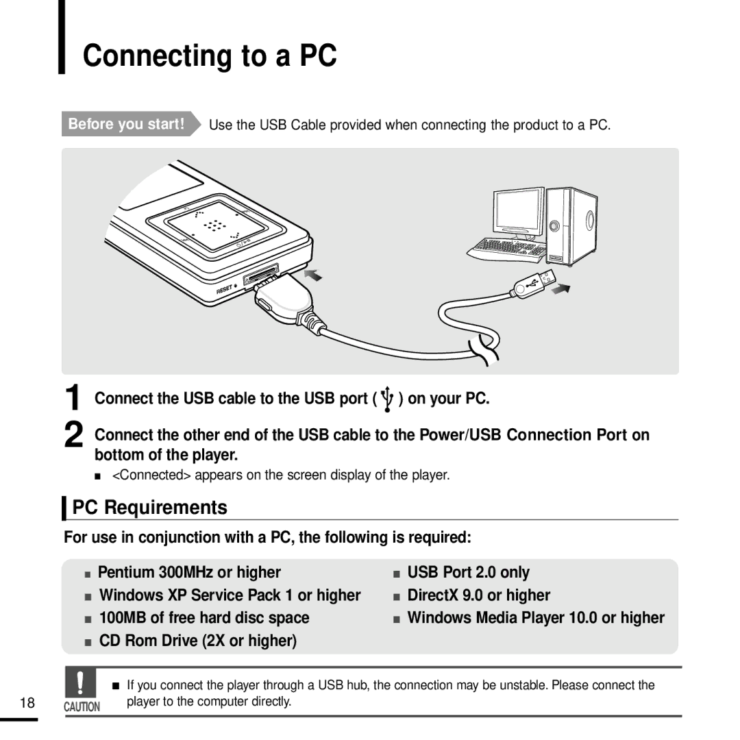 Samsung YP-Z5 manual Connecting to a PC, PC Requirements 