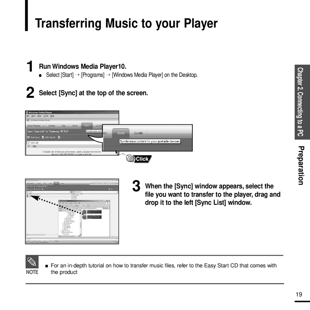 Samsung YP-Z5 manual Transferring Music to your Player, Run Windows Media Player10, Select Sync at the top of the screen 