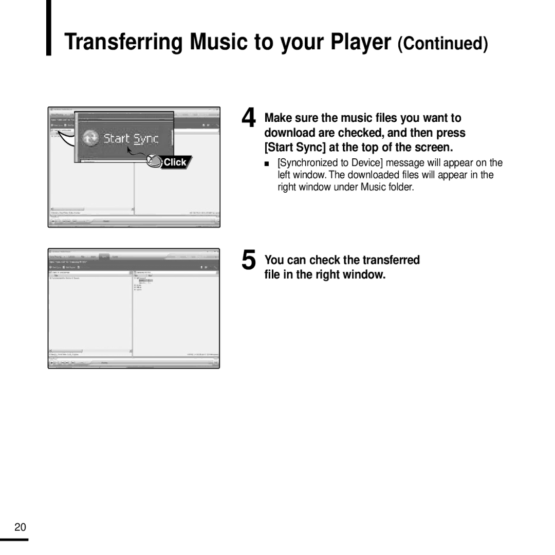 Samsung YP-Z5 manual Transferring Music to your Player, Start Sync at the top of the screen 