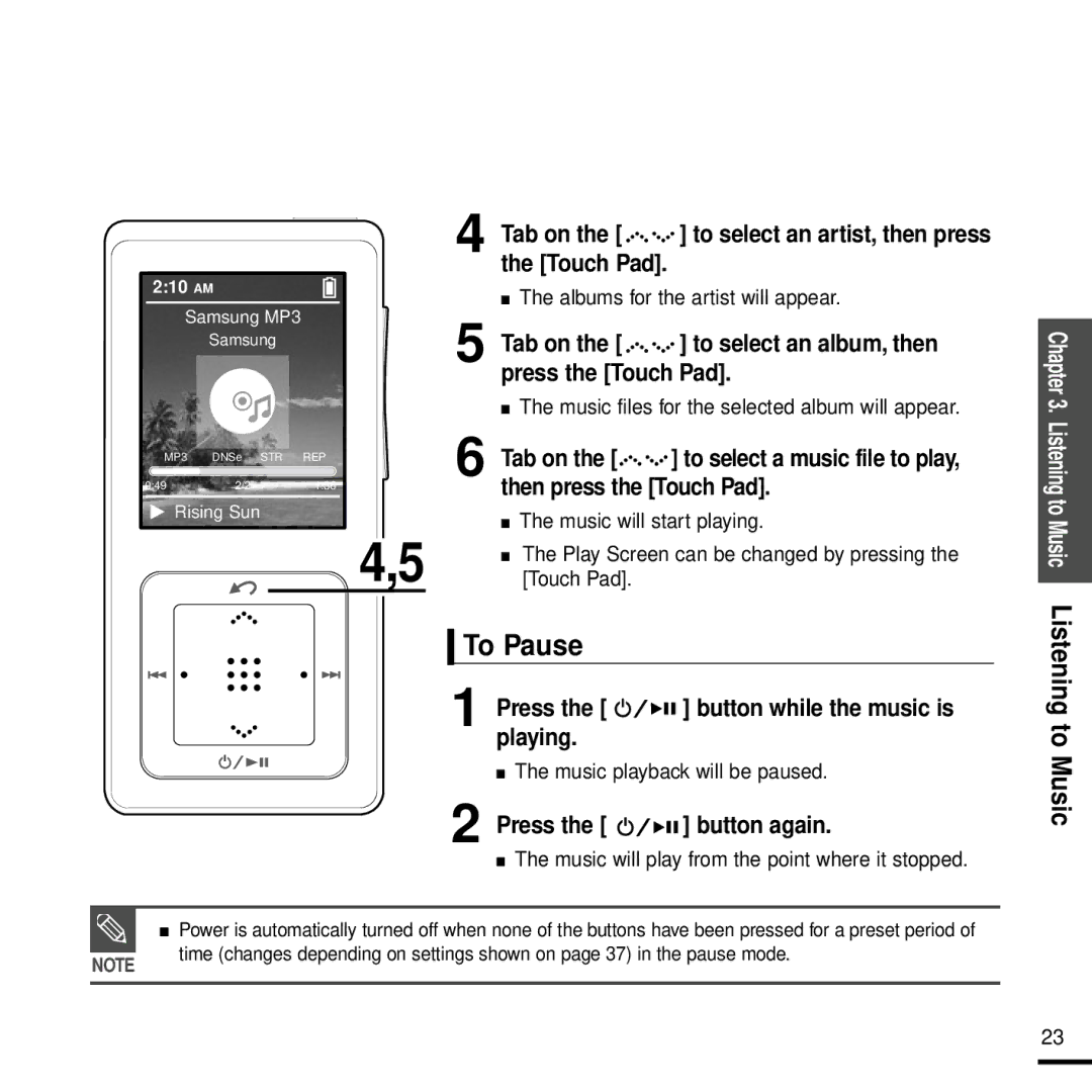 Samsung YP-Z5 manual To Pause, Playing, Press Button again, To MusicListening to Music 