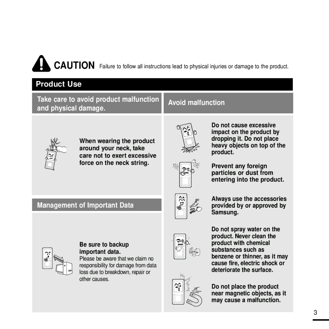 Samsung YP-Z5 manual Management of Important Data 