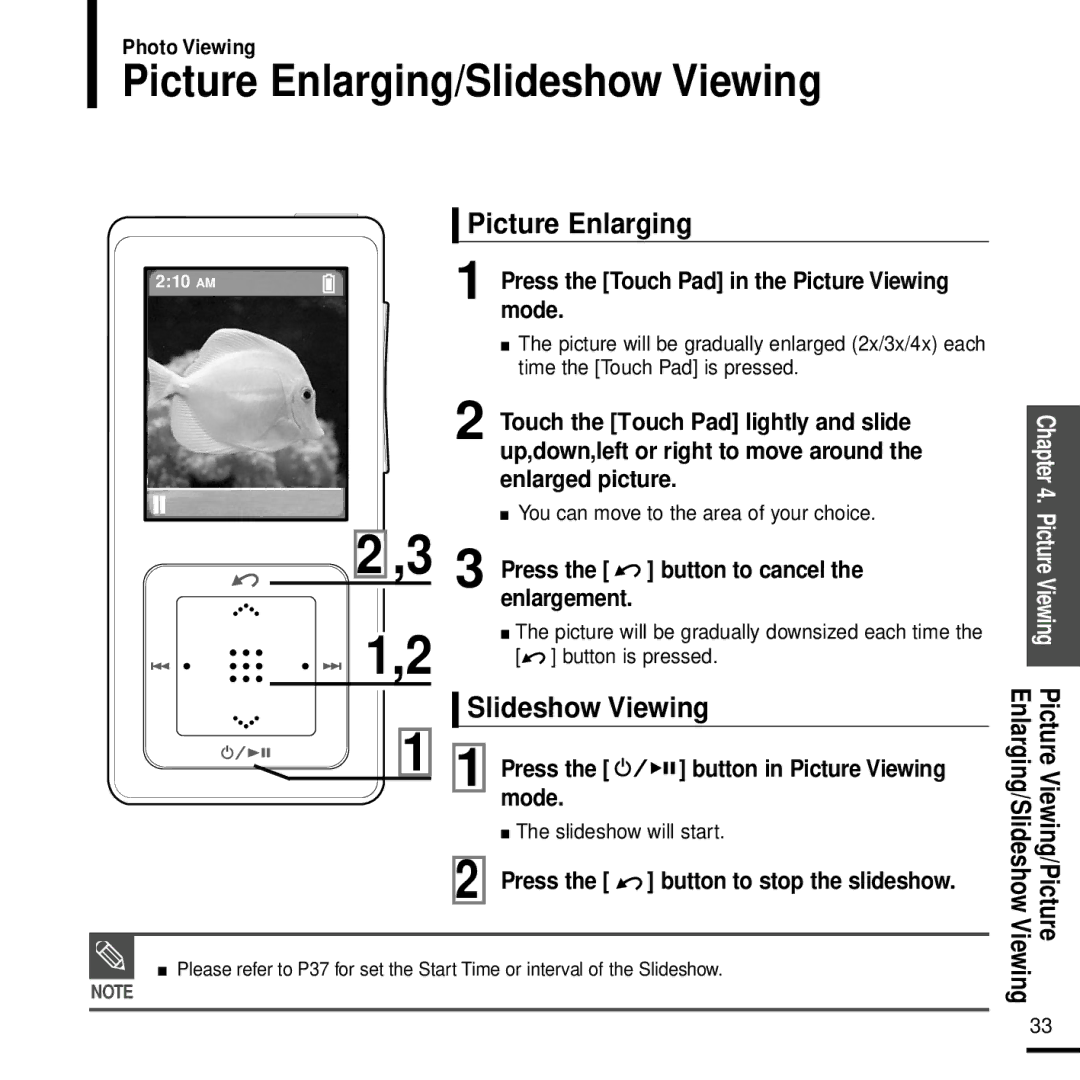 Samsung YP-Z5 manual Picture Enlarging/Slideshow Viewing 