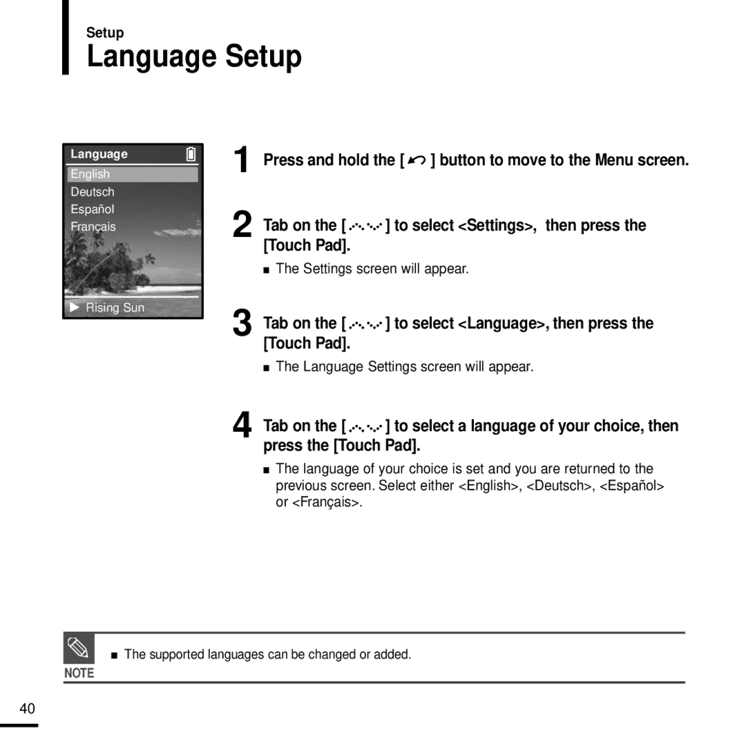 Samsung YP-Z5 manual Language Setup, Language Settings screen will appear 