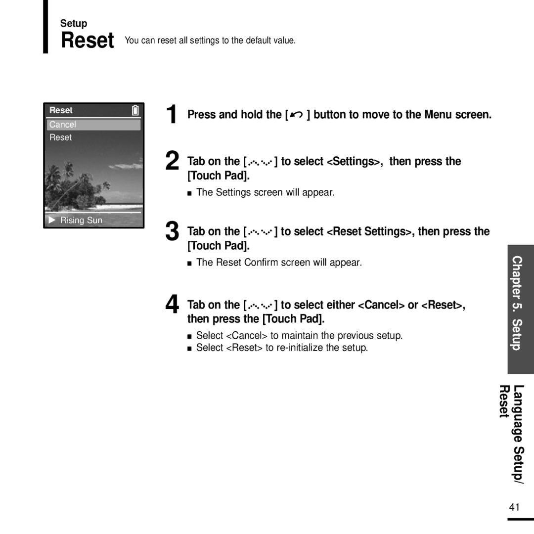 Samsung YP-Z5 manual Language Setup/ Reset, Reset Confirm screen will appear 